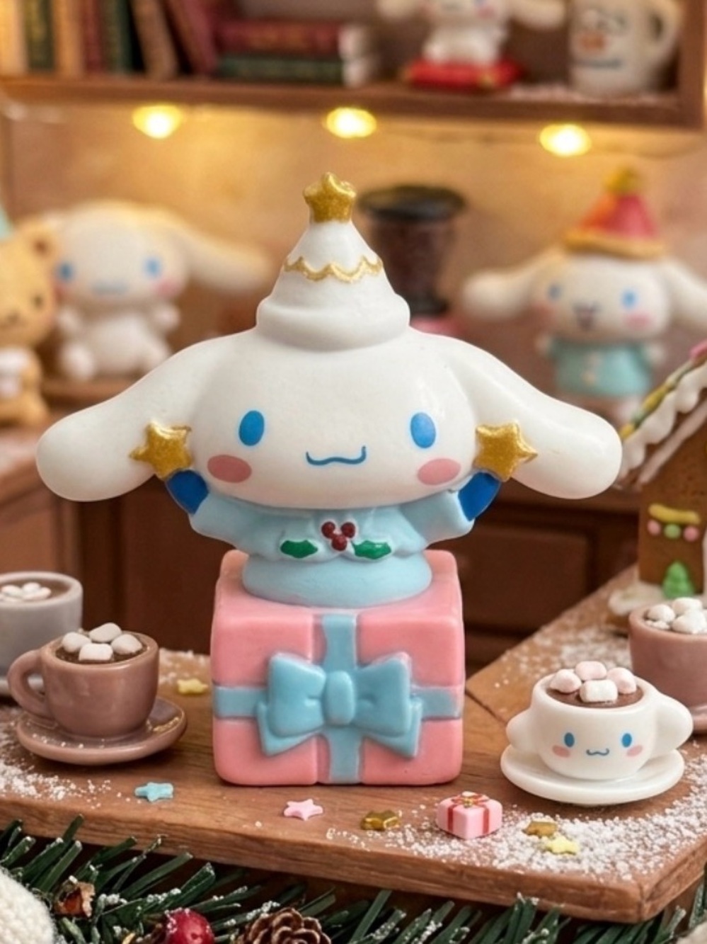 Tiny Sanrio Cinnamoroll Figure on Pink Gift with Blue Bow - White, Pink & Blue